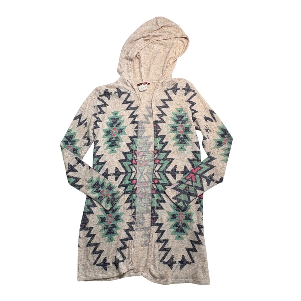 Silvergate Beige Aztec Cardigan Small Tribal Print‎ Hooded Open Front Coachella